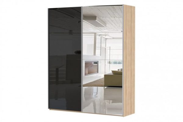 2-door wardrobe Comet 200x240 cm Bardolino oak, black glass fronts, mirror