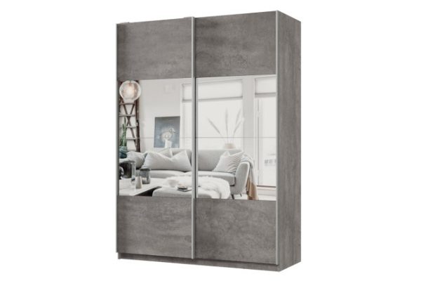 Sliding wardrobe 2-door Praktik 160x220x60 cm, concrete, silver profile, with mirror inserts