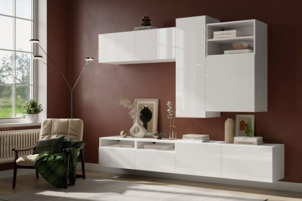 Living room Oscar Amika 4 doors and 4 drawers with push-to-open, white / white gloss