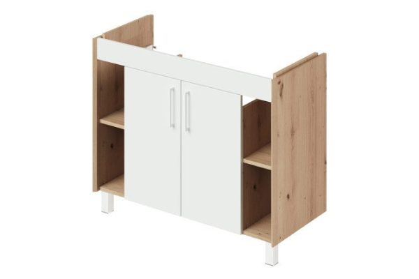 Floor-standing washbasin cabinet Lite 97.7 cm, frame color: coastal ewok oak, glossy white facade