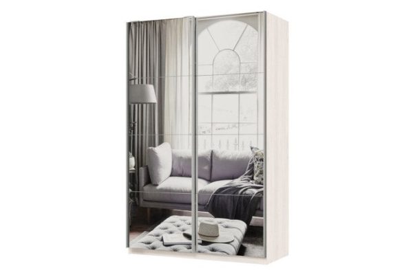 Sliding wardrobe 2-door Praktik 140x220x60 cm, light anchor ash, silver profile, with two mirrors