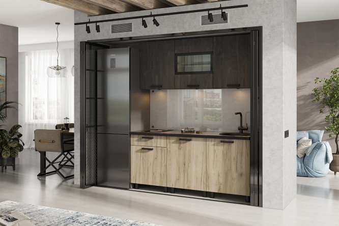Kitchen set Edinburgh 180x216x60 cm, frame color kraft oak gray, facade iron stone, kraft oak gray