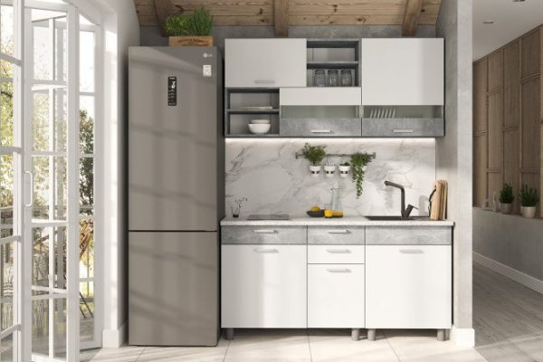 Kitchen set Denver 160x216x60 cm, frame color atelier gray, facade white shagreen, atelier gray