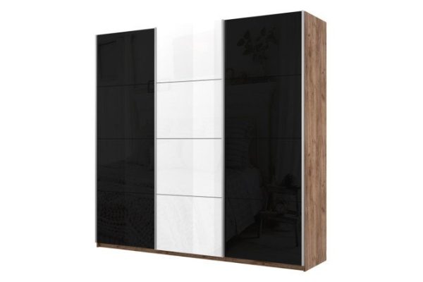 3-door wardrobe Cors 210x230 cm, kraft tobacco oak, white gloss facade, black