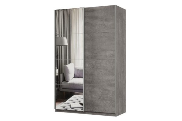 Sliding wardrobe 2-door Praktik 140x240x60 cm, concrete, silver profile, with one mirror