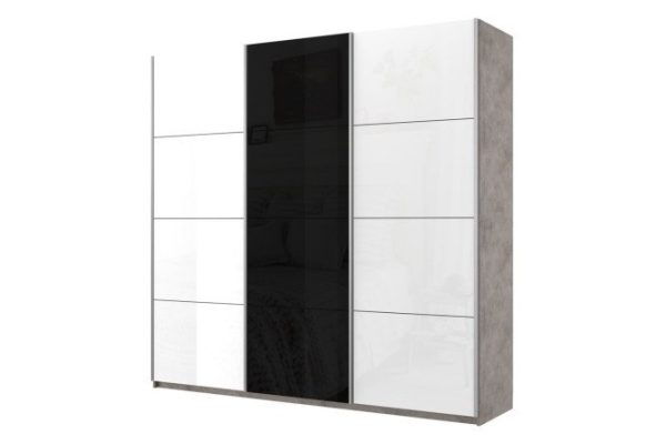 3-door wardrobe Cors 180x230 cm, light concrete, white gloss facade, black