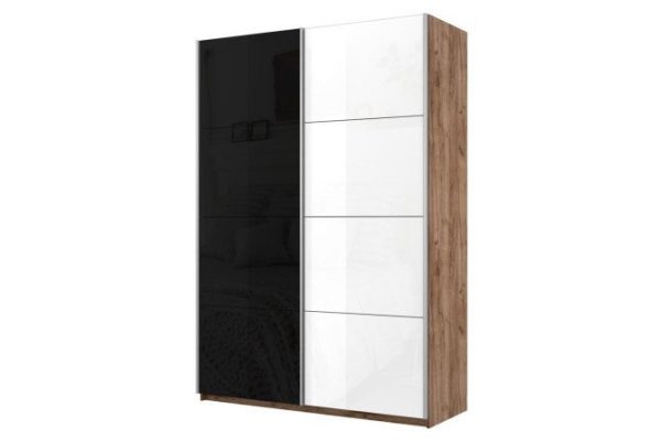 Sliding wardrobe 2-door Cors 140x230 cm, kraft tobacco oak, black facade, white gloss