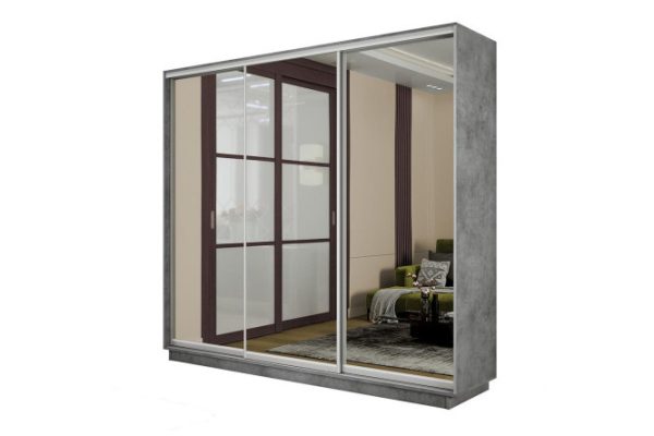 3-door wardrobe Slide-2 210x240x45 cm, Concrete/silver, with three mirrors