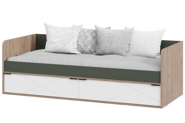 Bed with drawers Leo 80x200 cm color hickory jackson, matte white, smoky green