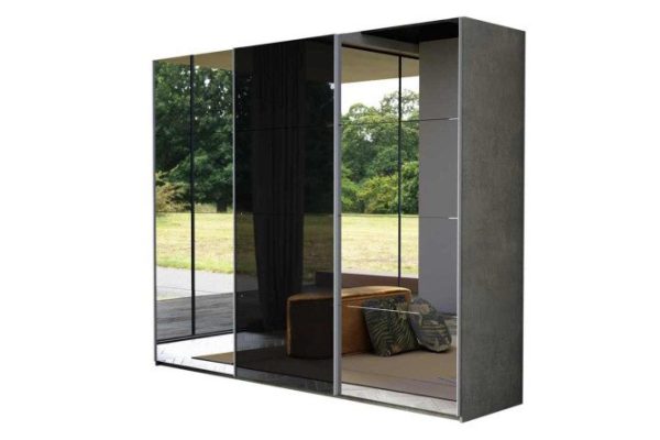 3-door wardrobe Comet 240x220 cm light concrete, black glass fronts, mirror