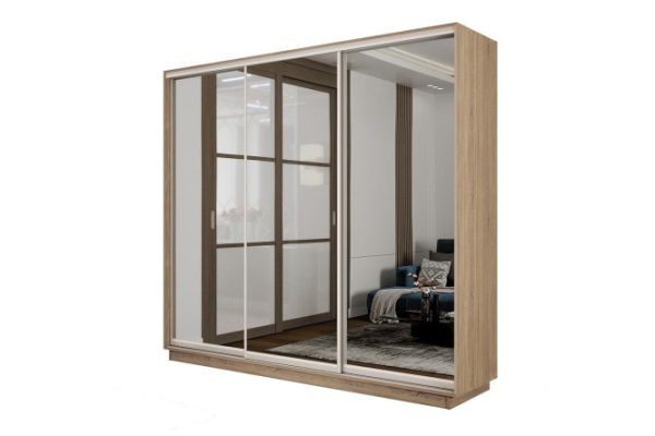 3-door wardrobe Slide-2 210x240x60 cm, Sonoma/silver, with three mirrors
