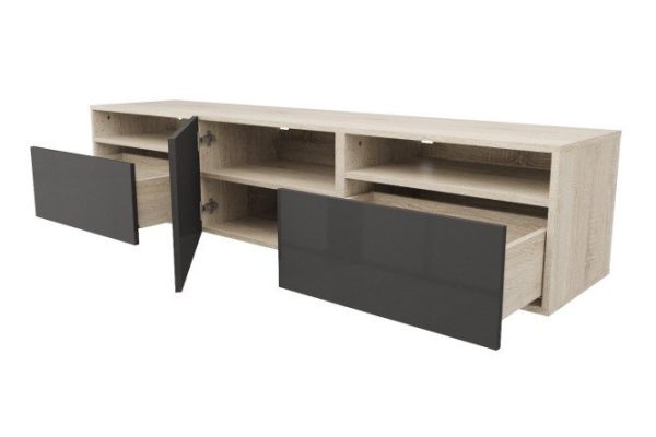 Cabinet with 2 drawers, door and shelves Oscar Amika 180x38 with push to open, Sonoma oak / glossy black graphite