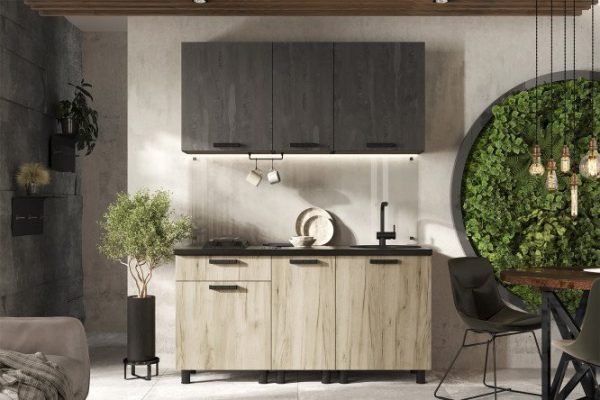 Kitchen set Edinburgh 160x216x60 cm, frame color kraft oak gray, facade iron stone, kraft oak gray