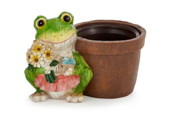 Decorative figurine of a Frog with flowers and a flower pot, 14.5 cm, Polyresin