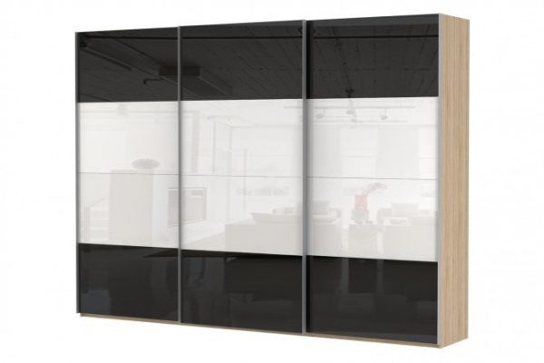 3-door wardrobe Comet 240x240 cm Bardolino oak, white and black glass facades
