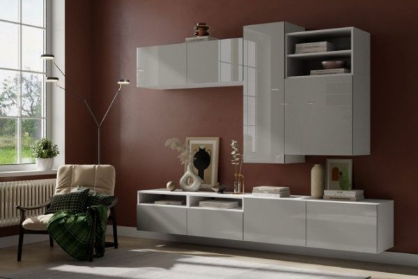 Living room Oscar Amika 4 doors and 4 drawers with push-to-open, white / dusty gray gloss