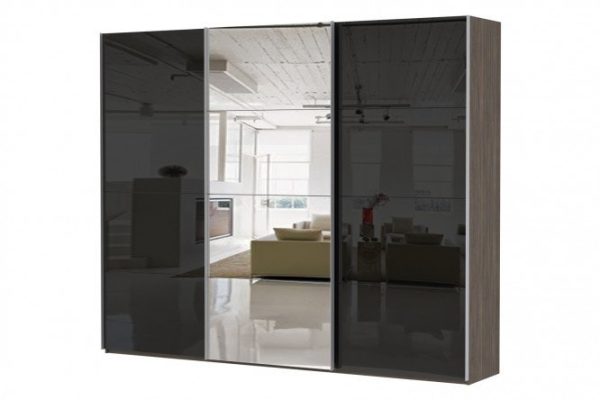 3-door wardrobe Comet 300x240 cm wenge Mali, fronts black glass, mirror