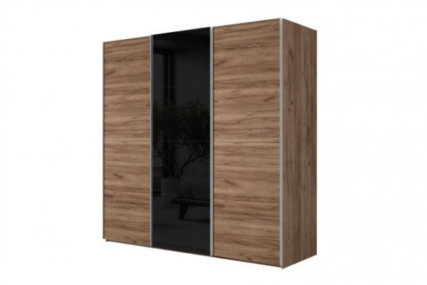 3-door wardrobe Comet 300x240 cm kraft tobacco oak, black glass fronts, kraft tobacco oak