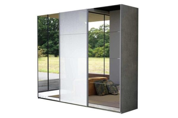 3-door wardrobe Comet 270x220 cm light concrete, mirror fronts, white glass