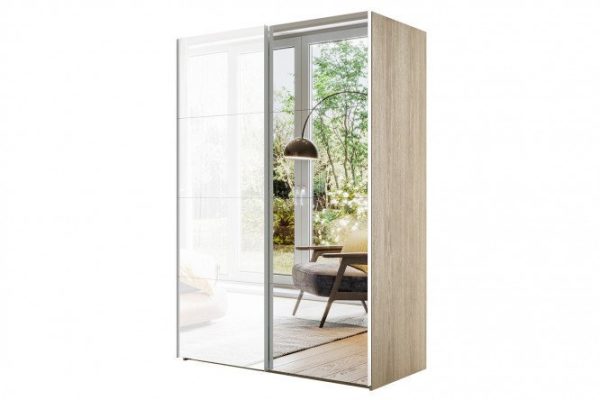 Sliding wardrobe 2-door Comet 200x220 cm Bardolino oak, white glass fronts, mirror