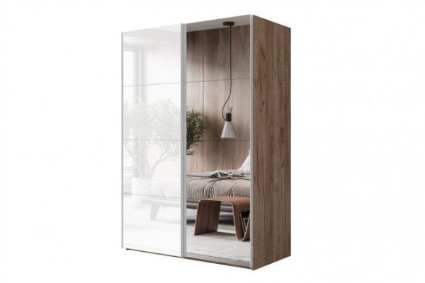 Sliding wardrobe 2-door Comet 200x220 cm kraft oak tobacco, white glass fronts, mirror