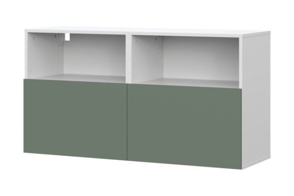 Cabinet Oscar Moon 120x64 with 2 drawers and 2 shelves, white / olive soft