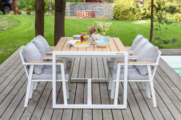 Garden furniture set Santorini frame color white, table tops natural wood