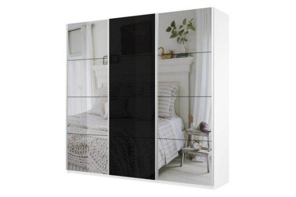 3-door wardrobe Cors 180x230 cm, white snow, black facade, with two mirrors