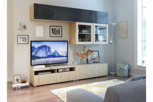 Living room Oscar Amika with push-to-open, sonoma oak / black graphite gloss