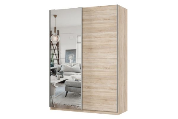 2-door wardrobe Praktik 160x220x60 cm, Sonoma oak, silver profile, with one mirror