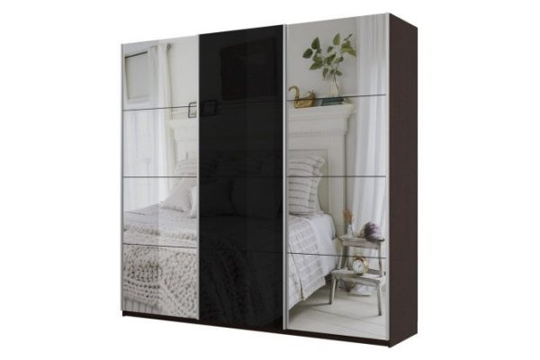 3-door wardrobe Cors 180x230 cm, wenge, black facade, with two mirrors