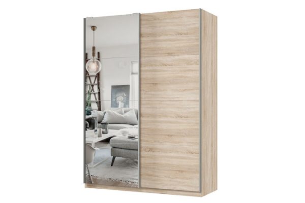 2-door wardrobe Praktik 160x240x60 cm, Sonoma oak, silver profile, with one mirror