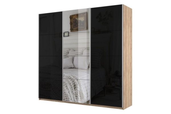 3-door wardrobe Cors 210x230 cm, Sonoma, black facade, with one mirror