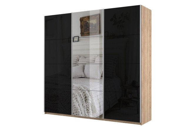 3-door wardrobe Cors 210x230 cm, Sonoma, black facade, with one mirror
