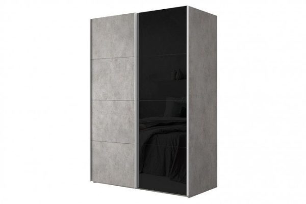 2-door wardrobe Comet 200x220 cm light concrete, black glass fronts, light concrete