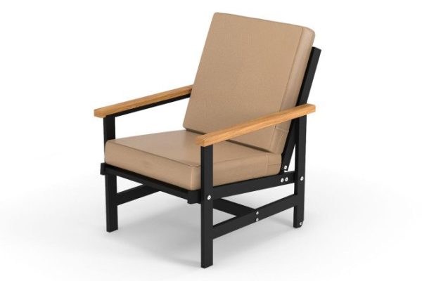 Scandi armchair with armrests, frame color black, natural wood, soft elements warm beige
