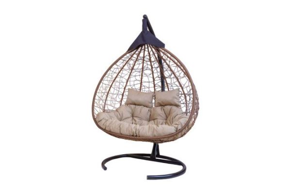 Double hanging cocoon chair Fisht 135x190x100 cm, base and frame color black, finish hot chocolate