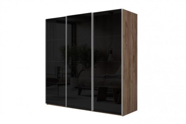 3-door wardrobe Comet 300x220 cm kraft tobacco oak, black glass fronts