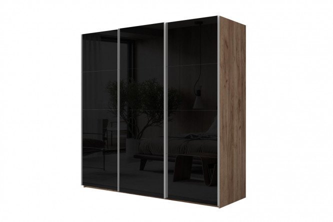 3-door wardrobe Comet 300x220 cm kraft tobacco oak, black glass fronts