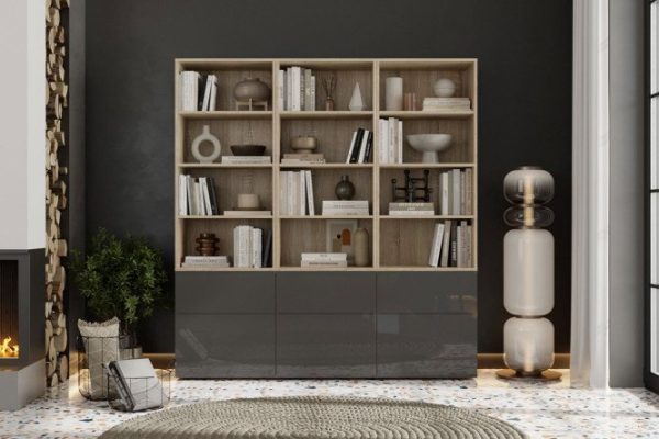 Library Oscar Amica with push-to-open, sonoma oak / black graphite gloss