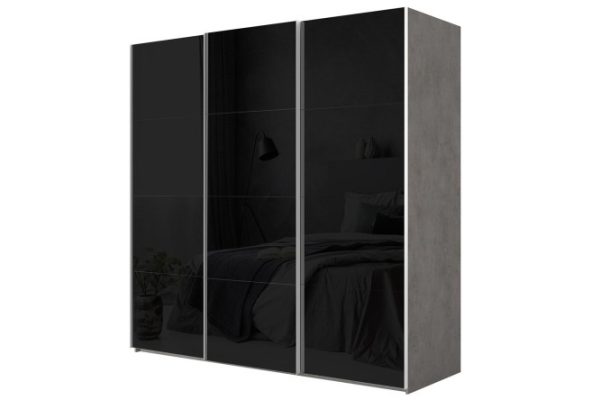 3-door wardrobe Comet 270x240 cm light concrete, black glass facades