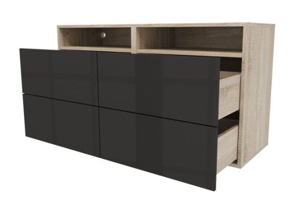 Cabinet 4 drawers and shelf Oscar Amika 120x64 with push to open, Sonoma oak / glossy black graphite