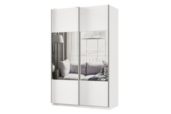Sliding wardrobe 2-door Praktik 140x220x60 cm, white, silver profile, with mirror inserts