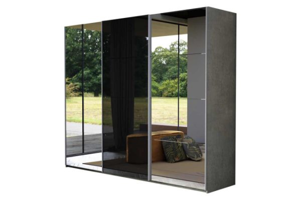 3-door wardrobe Comet 300x240 cm light concrete, mirror fronts, black glass