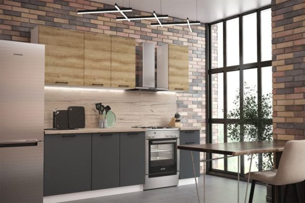 Kitchen set Chloe 180x210x60 cm, frame color white, marengo silk facade - lower facades, Carpathian spruce - upper facades