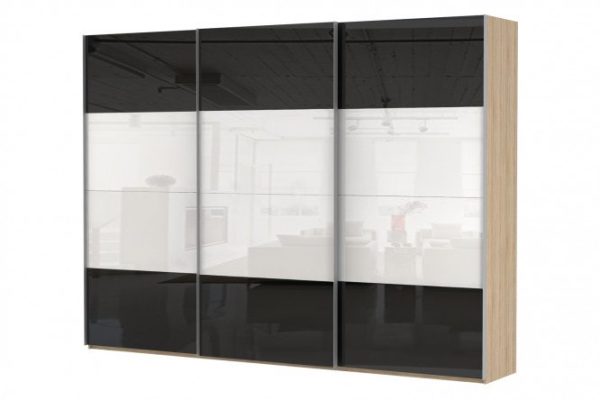 3-door wardrobe Comet 300x240 cm Bardolino oak, white and black glass facades