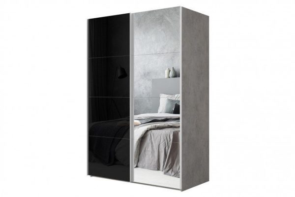 2-door wardrobe Comet 200x220 cm light concrete, black glass fronts, mirror