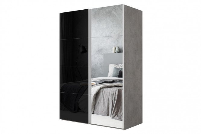 2-door wardrobe Comet 200x220 cm light concrete, black glass fronts, mirror
