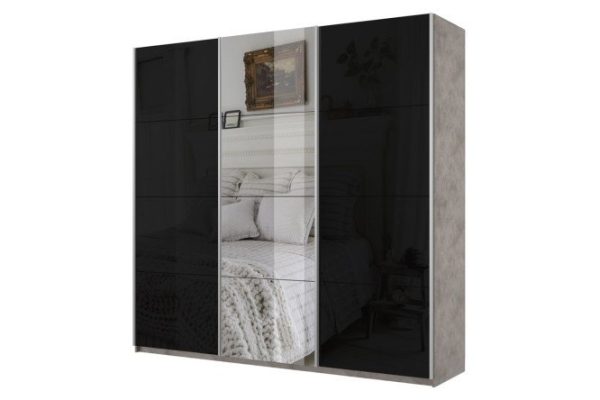 3-door wardrobe Cors 180x230 cm, light concrete, black facade, with one mirror