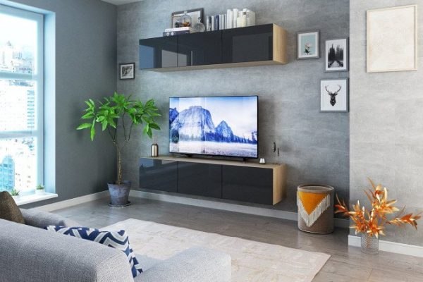 Living room Oscar with TV stand and wardrobe with push-to-open doors, Sonoma oak / glossy black graphite